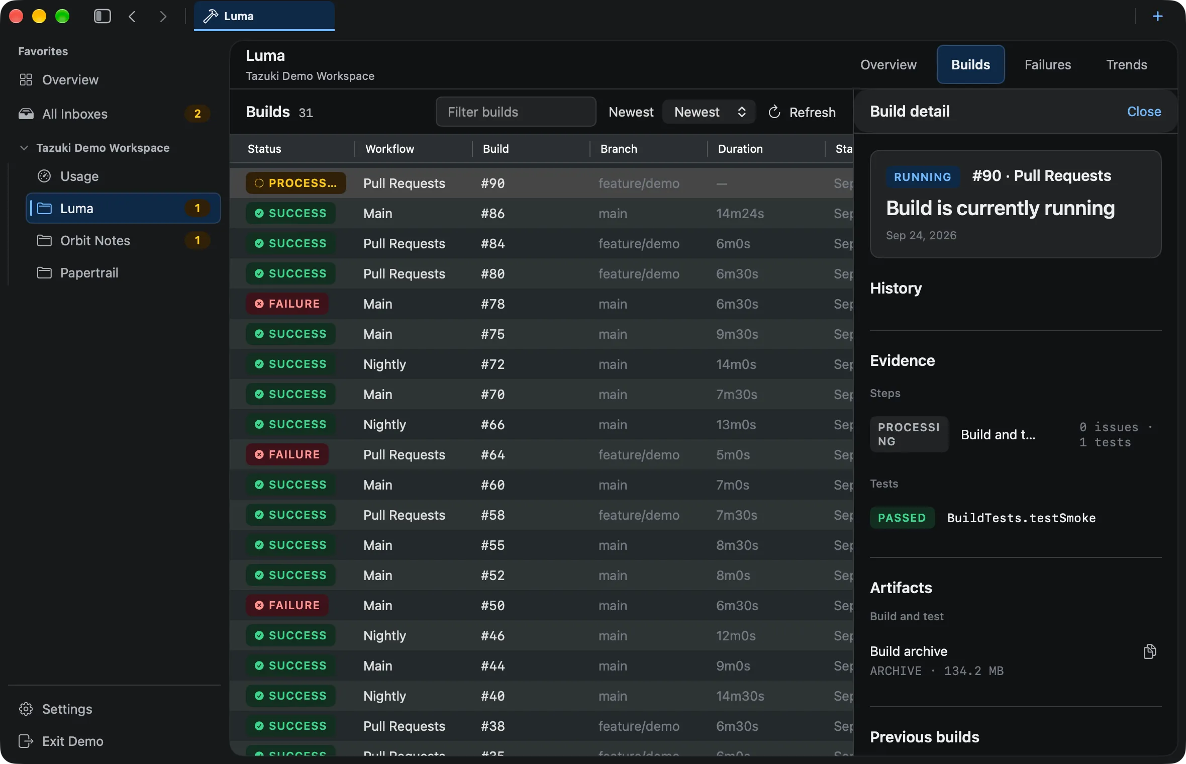 Tazuki build monitor showing Xcode Cloud build status, workflow, branch, and duration