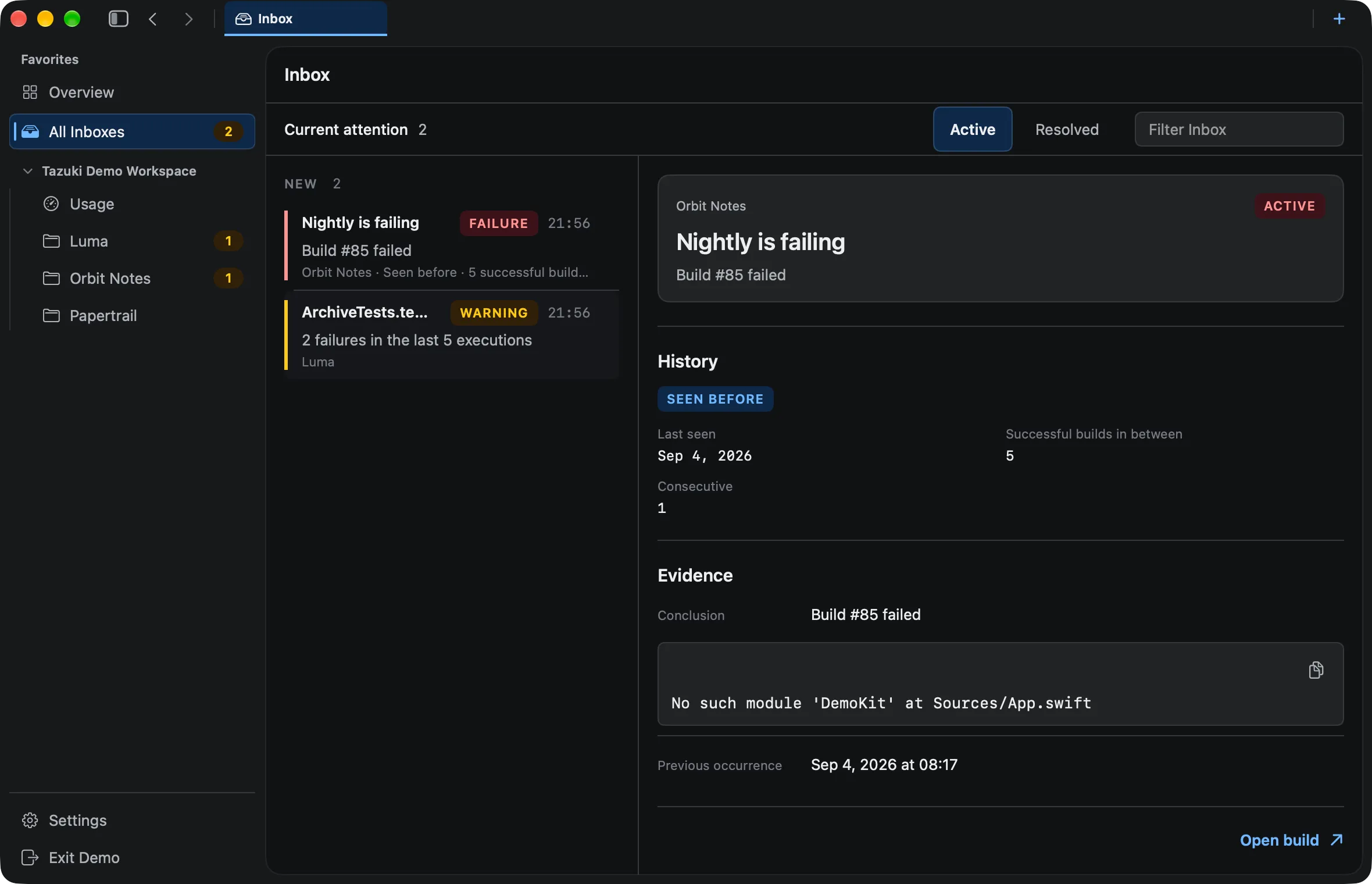 Tazuki Xcode Cloud failures view showing a recurring build error and failure history