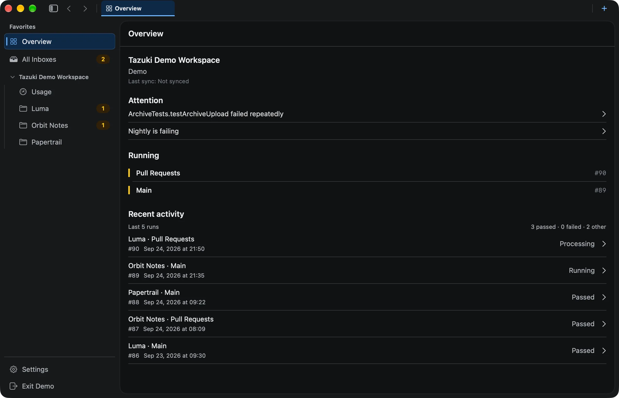 Tazuki Xcode Cloud workspace showing project builds, failures, test results, usage, and trends