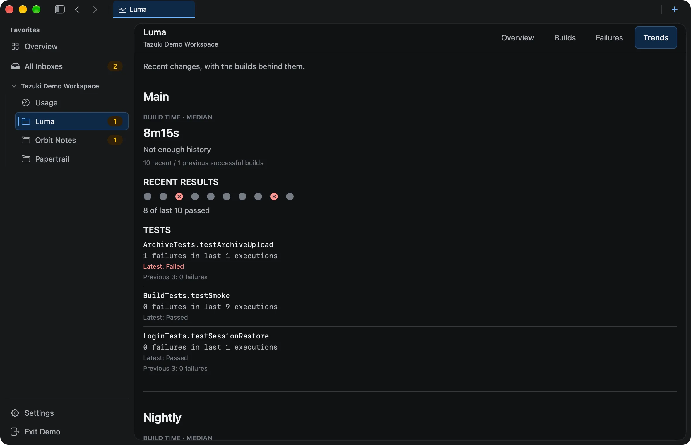 Tazuki Xcode Cloud analytics view showing build-time trends, recent results, and test history
